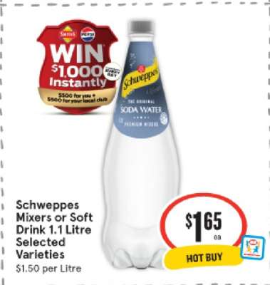 Schweppes Mixers or Soft Drink 1.1 Litre