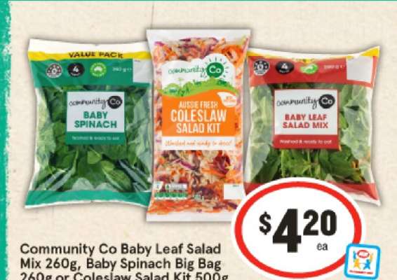 Community Co Baby Leaf Salad Mix 260g, Baby Spinach Big Bag 260g or Coleslaw Salad Kit 500g