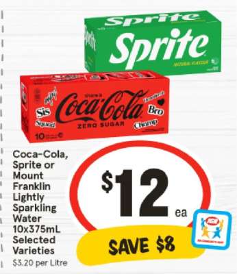 Coca-Cola, Sprite or Mount Franklin Lightly Sparkling Water 10x375mL Selected Varieties