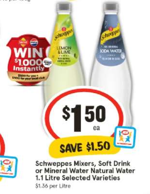 Schweppes Mixers, Soft Drink or Mineral Water Natural Water 1.1 Litre Selected Varieties
