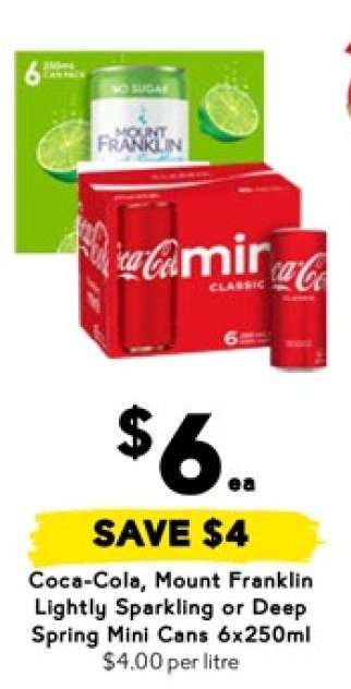 Coca-Cola, Mount Franklin Lightly Sparkling or Deep Spring Mini Cans 6x250ml