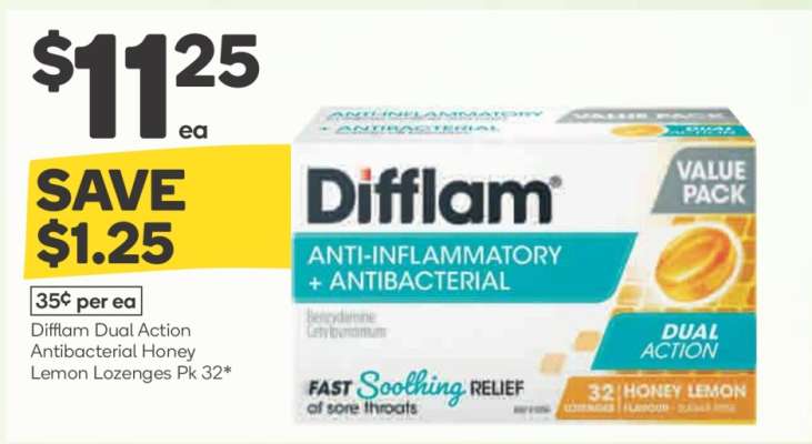 Difflam Dual Action Antibacterial Honey Lemon Lozenges Pk 32*