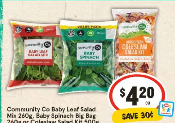 Community Co Baby Leaf Salad Mix 260g, Baby Spinach Big Bag 260g or Coleslaw Salad Kit 500g