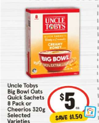 Uncle Tobys Big Bowl Oats Quick Sachets 8 Pack or Cheerios 320g Selected Varieties
