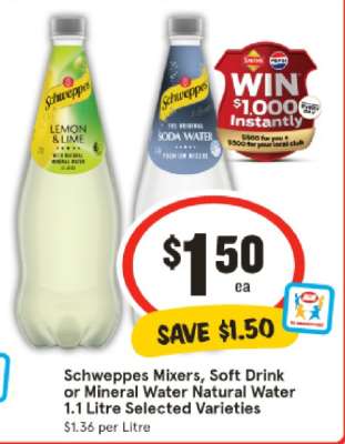 Schweppes Mixers, Soft Drink or Mineral Water Natural Water 1.1 Litre Selected Varieties