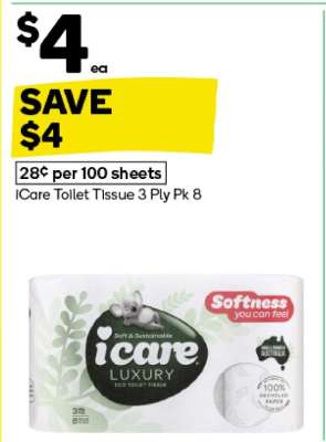 iCare Toilet Tissue 3 Ply Pk 8