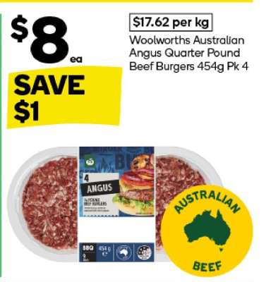 Woolworths Australian Angus Quarter Pound Beef Burgers 454g Pk 4
