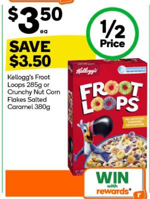Kellogg's Froot Loops 285g or Crunchy Nut Corn Flakes Salted Caramel 380g