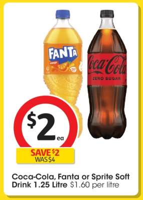 Coca-Cola, Fanta or Sprite Soft Drink 1.25 Litre
