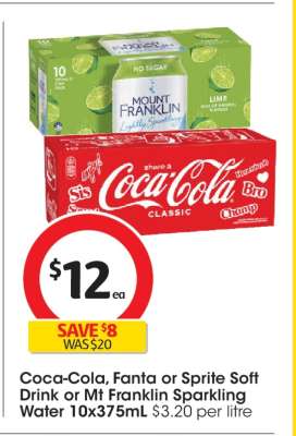 Coca-Cola, Fanta or Sprite Soft Drink or Mt Franklin Sparkling Water 10x375mL