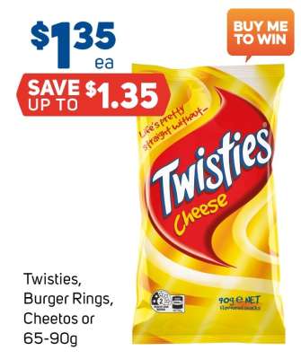 Twisties, Burger Rings, Cheetos or 65-90g