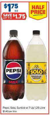 Pepsi, Solo, Sunkist or 7 Up 1.25 Litre