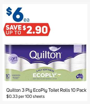 Quilton 3 Ply EcoPly Toilet Rolls 10 Pack