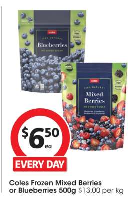 Coles Frozen Mixed Berries or Blueberries 500g