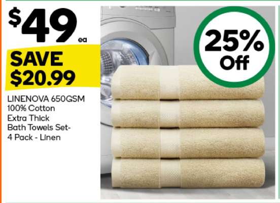 LINENOVA 650GSM 100% Cotton Extra Thick Bath Towels Set-4 Pack - Linen