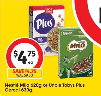 Nestlé Milo 620g or Uncle Tobys Plus Cereal 630g