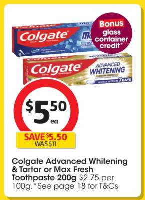 Colgate Advanced Whitening & Tartar or Max Fresh Toothpaste 200g