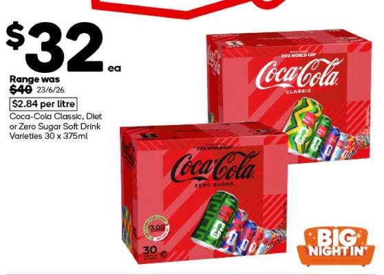 Coca-Cola Classic, Diet or Zero Sugar Soft Drink Varieties 30 x 375ml