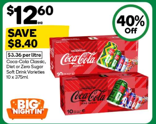 Coca-Cola Classic, Diet or Zero Sugar Soft Drink Varieties 10 x 375ml