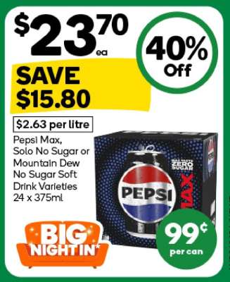 Pepsi Max, Solo No Sugar or Mountain Dew No Sugar Soft Drink Varieties 24 x 375ml