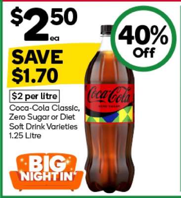 Coca-Cola Classic, Zero Sugar or Diet Soft Drink Varieties 1.25 Litre