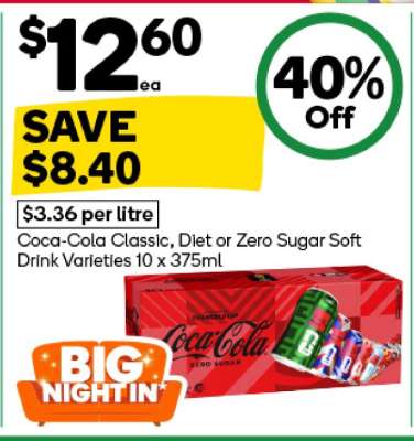 Coca-Cola Classic, Diet or Zero Sugar Soft Drink Varieties 10 x 375ml