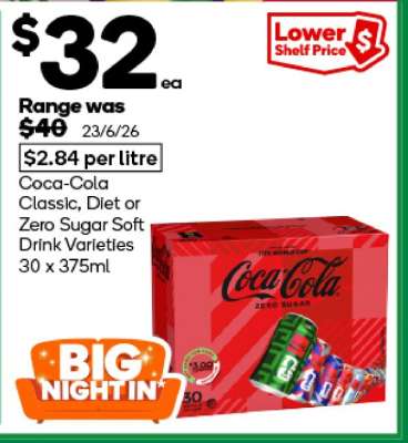 Coca-Cola Classic, Diet or Zero Sugar Soft Drink Varieties 30 x 375ml