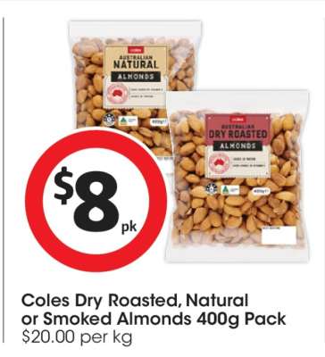 Coles Dry Roasted, Natural or Smoked Almonds 400g Pack