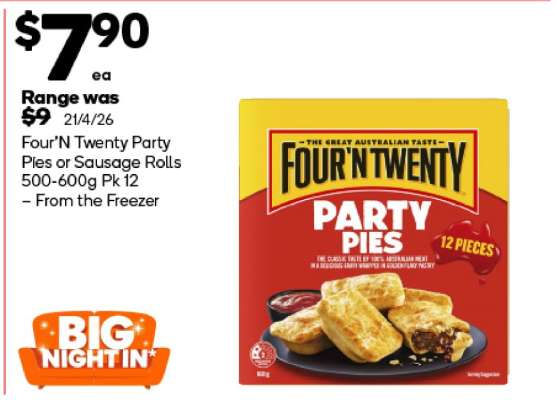 Four’N Twenty Party Pies or Sausage Rolls 500-600g Pk 12