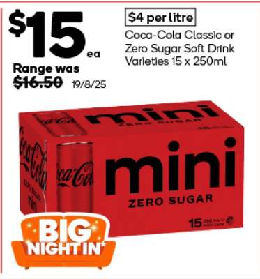 Coca-Cola Classic or Zero Sugar Soft Drink Varieties 15 x 250ml