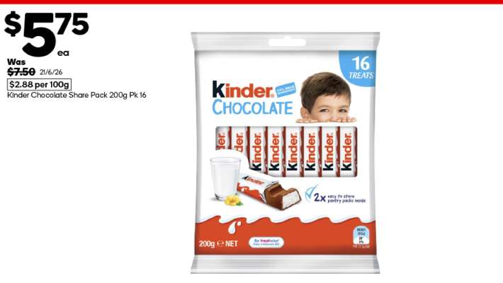 Kinder Chocolate Share Pack 200g Pk 16