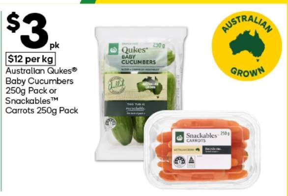 Australian Qukes® Baby Cucumbers 250g Pack or Snackables™ Carrots 250g Pack