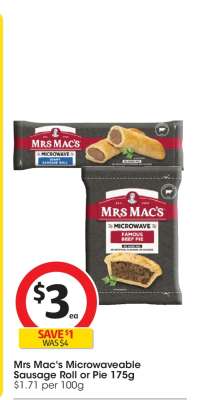 Mrs Mac's Microwaveable Sausage Roll or Pie 175g