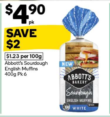 Abbott's Sourdough English Muffins 400g Pk 6