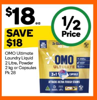 OMO Ultimate Laundry Liquid 2 Litre, Powder 2 kg or Capsules Pk 28