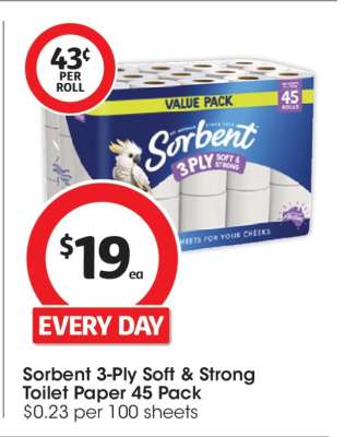 Sorbent 3-Ply Soft & Strong Toilet Paper 45 Pack