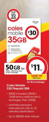 Coles Mobile $30 Prepaid SIM