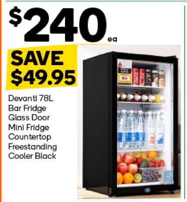 Devanti 78L Bar Fridge Glass Door Mini Fridge Countertop Freestanding Cooler Black