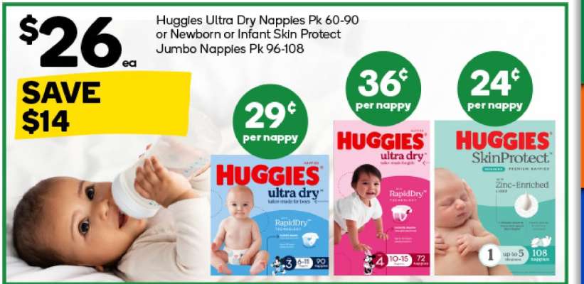 Huggies Ultra Dry Nappies Pk 60-90 or Newborn or Infant Skin Protect Jumbo Nappies Pk 96-108
