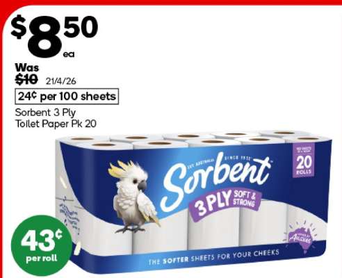 Sorbent 3 Ply Toilet Paper Pk 20