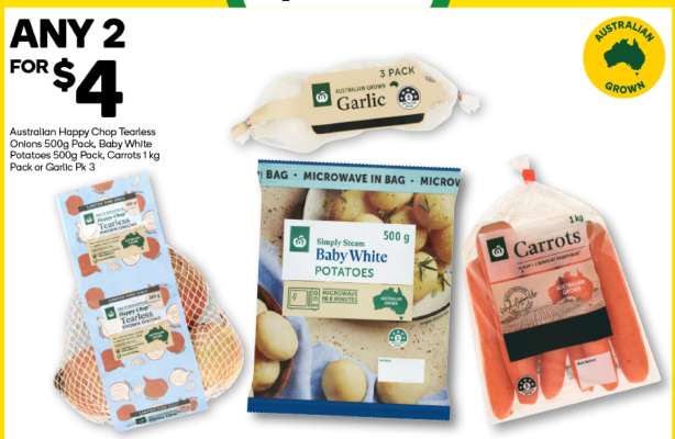 Australian Happy Chop Tearless Onions 500g Pack, Baby White Potatoes 500g Pack, Carrots 1kg Pack or Garlic Pk 3
