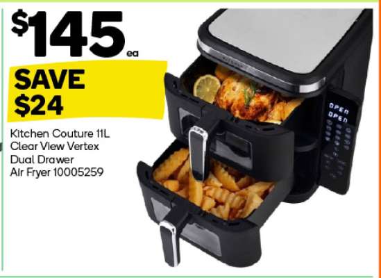 Kitchen Couture 11L Clear View Vertex Dual Drawer Air Fryer 10005259