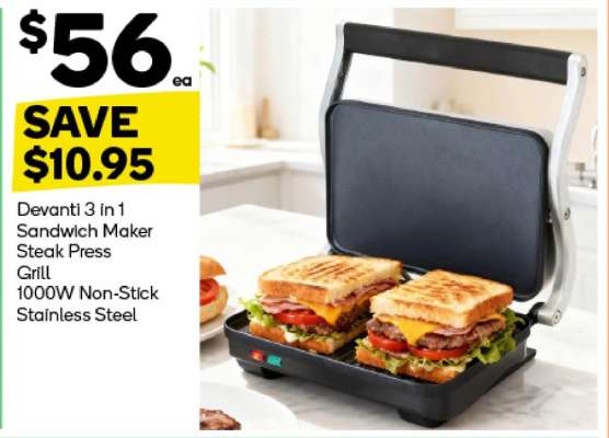 Devanti 3 in 1 Sandwich Maker Steak Press Grill