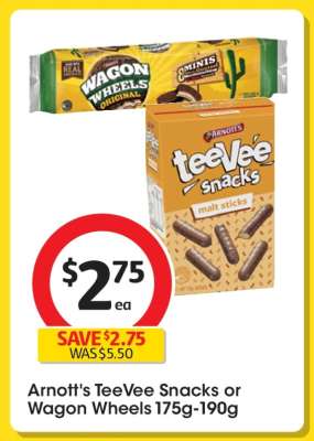 Arnott's TeeVee Snacks or Wagon Wheels 175g-190g