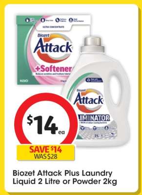 Biozet Attack Plus Laundry Liquid 2 Litre or Powder 2kg
