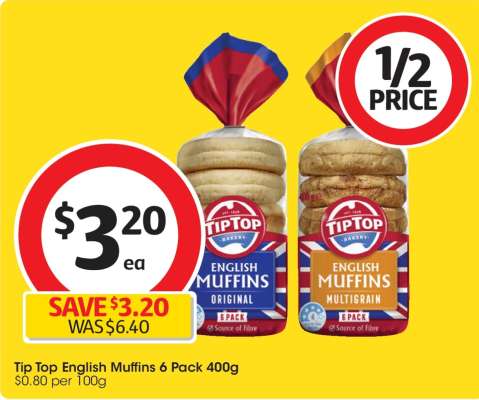 Tip Top English Muffins 6 Pack 400g