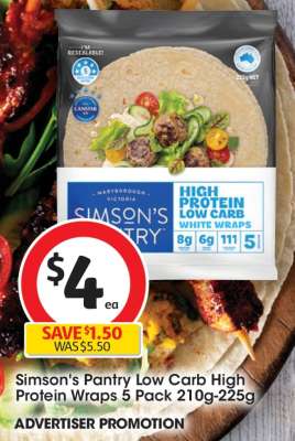 Simson's Pantry Low Carb High Protein Wraps 5 Pack 210g-225g