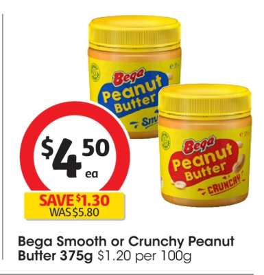 Bega Smooth or Crunchy Peanut Butter 375g