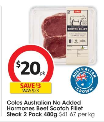 Coles Australian No Added Hormones Beef Scotch Fillet Steak 2 Pack 480g