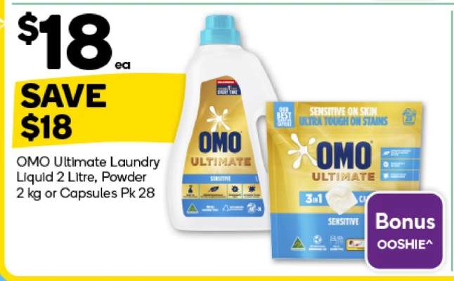 OMO Ultimate Laundry Liquid 2 Litre, Powder 2 kg or Capsules Pk 28